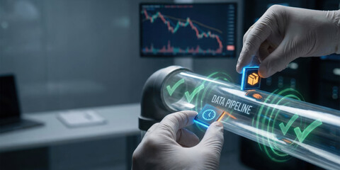 Data pipeline concept with ai technology improving investment decisions despite loss risk in digital finance environment