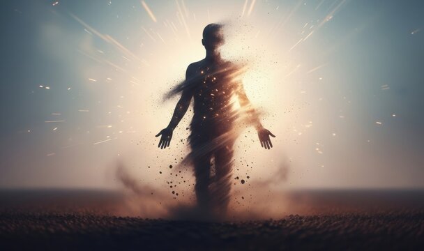 Silhouette of a man disintegrating into particles with light rays. Concept of soul, spirit, energy, science, or an existential journey.