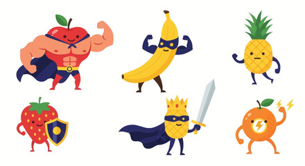 Obraz premium Vibrant cartoon fruits and an apple superhero standing together in a line on a plain white background from a straightforward viewpoint