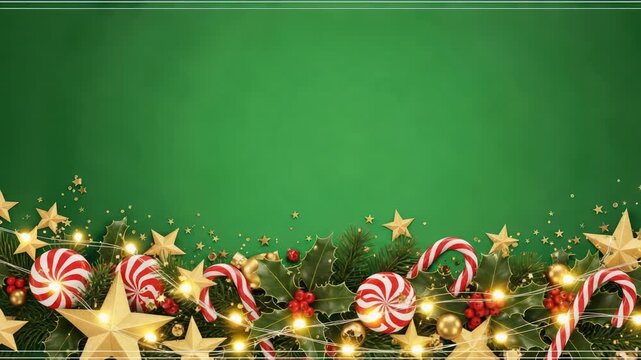 Festive Christmas Border with Holly, Stars, Candy Canes and Lights on Green Background