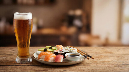Cold beer served with fresh sushi on a wooden table in a cozy restaurant, showcasing Japanese cuisine, dining culture, and relaxed lifestyle moments.