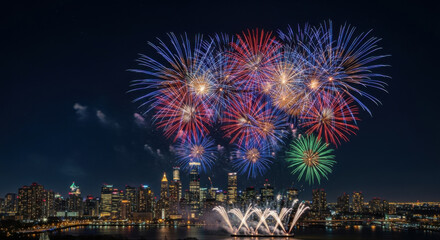 Fototapeta premium Fireworks Over City Skyline at Night