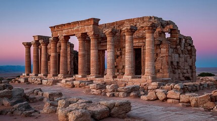 Obraz premium Majestic ancient temple ruins standing tall in the desert under a twilight sky full of stars