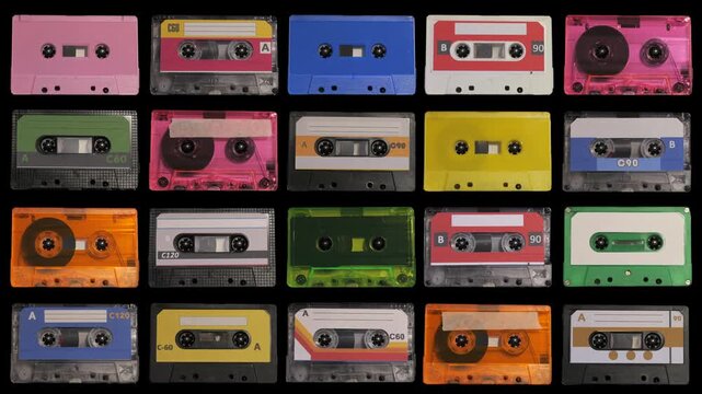 Multiple Colorful retro audio cassettes tapes spinning continuously