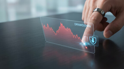 Investment loss concept with ai technology showing financial drawdown graph on transparent digital screen with finger pointing