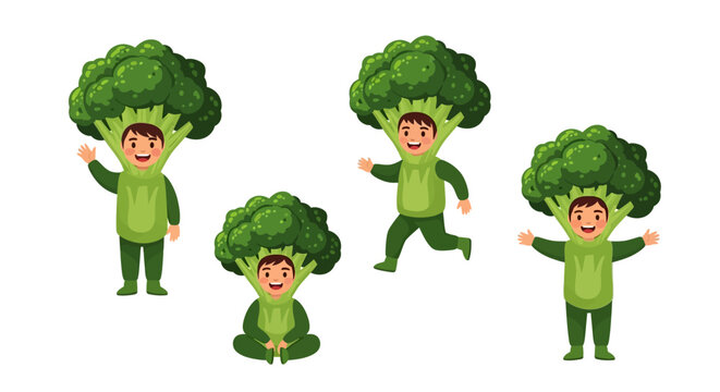 Four cartoon characters dressed as broccoli dancing together in various dynamic poses on a white background