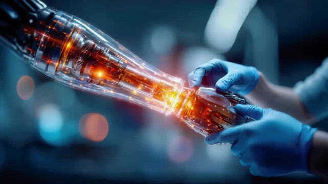Gloved hands adjusting glowing bionic prosthetic arm in medical lab, futuristic rehabilitation technology concept