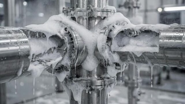Medium shot of automated pipe system undergoing foamy wash cycle with thick detergent foam covering interior surfaces for thorough cleaning.