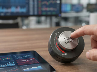 Risk limit dial being adjusted near tablet with stop loss chart illustrating ai investment loss control in financial trading environment