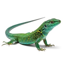 Fototapeta premium A green lizard with yellow spots on a white background isolated on white background