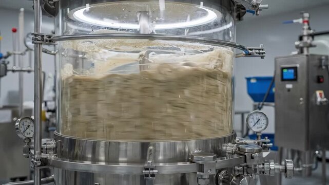 Medium shot of vacuumsealed blending tank gently agitating extracts and stabilizers highlighting advanced containment and preservation techniques.