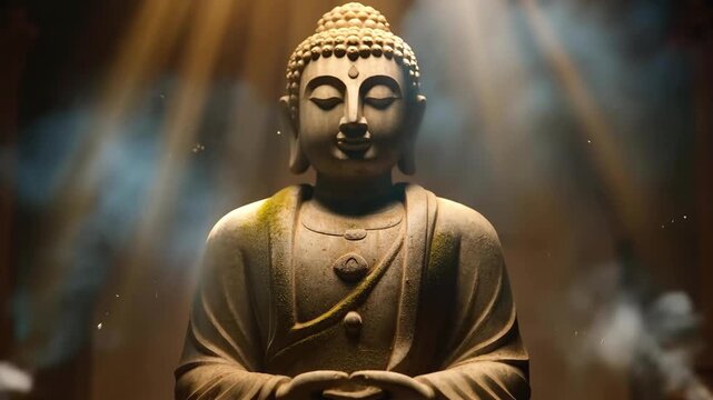 A meditating Buddha statue surrounded by a soft golden glow. Abstract glowing particles slowly drift around the statue, forming a subtle aura effect. Dark neutral background.