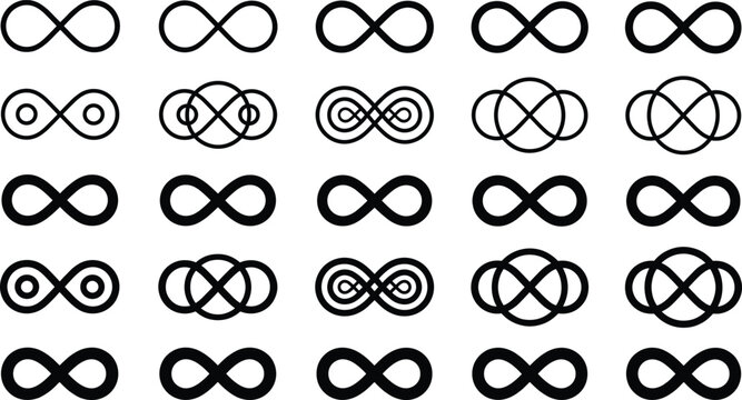 Infinity symbol icon set featuring endless loop, unlimited sign, continuous cycle, and eternal connection concepts in bold black outline and filled styles isolated on white