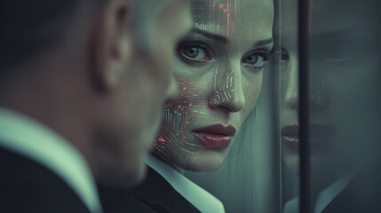 Woman with futuristic face looking at reflection technology concept