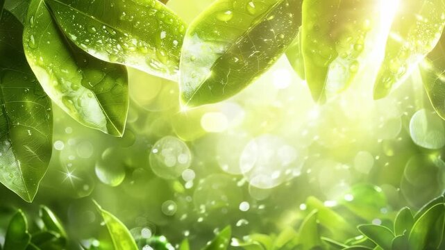 Dewkissed leaves dancing in sunlit breeze among lush greenery