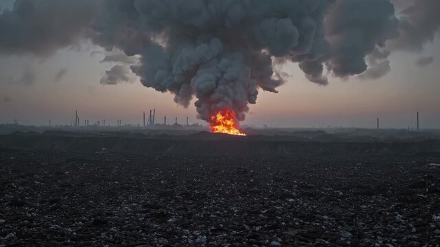 Explosion at factory sends thick smoke into sky. Emission spreads above landfill with garbage and waste. Industry disaster causes heavy pollution. Environment suffers from smoke, fire and emission