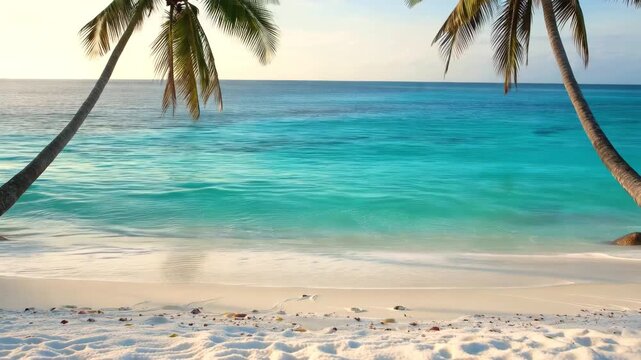 Tropical beach with palm trees and clear turquoise water, slow motion 