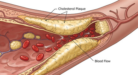 Illustration of blood vessels blocked by cholesterol plaque