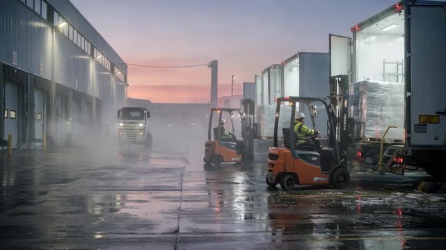 Cold chain logistics in action as forklifts transport frozen ice pallets into refrigerated trucks on an early dawn shift with misty air and subdued industrial sounds.