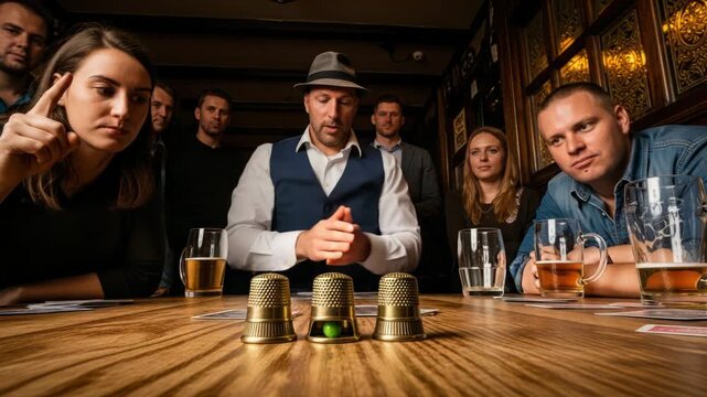 Magician Performs Shell Game with Thimbles and Ball at Table with Spectators