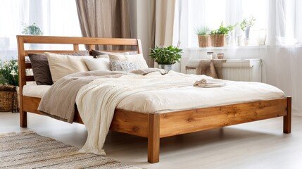 Wooden bed with white bedding in a bright bedroom interior daylight