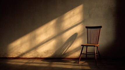 Wooden chair in sunlight casting shadow on textured wall interior
