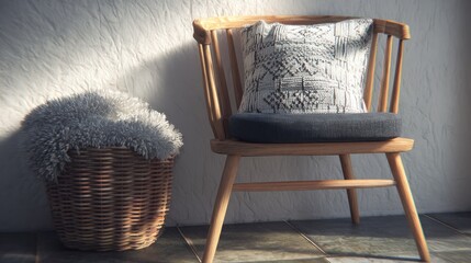 Wooden chair with decorative pillow near woven basket in warm sunlight