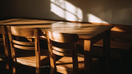 Wooden chairs and tables in warm sunlight indoor scene copy space