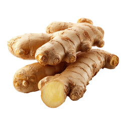 Fototapeta premium Close-up of several whole ginger roots, one sliced, against a black background
