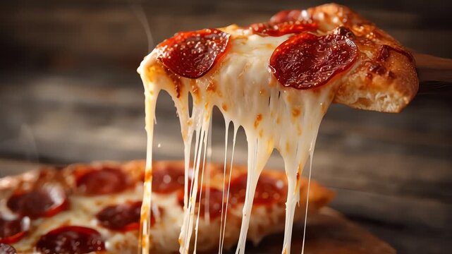 Hot Delicious Pepperoni Pizza Slice Cheese Pull Close Up