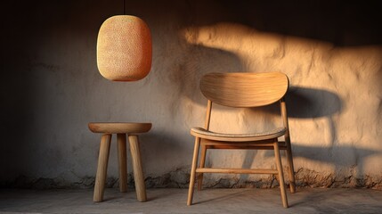 Wooden furniture display featuring chair stool and light fixture against wall