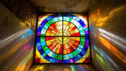Fototapeta premium Vibrant circular stained glass window illuminating colorful light in rustic room.