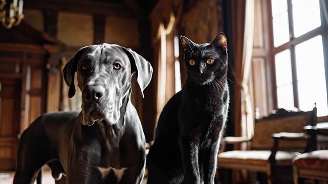 Great Dane Dog and Black Cat Companionship in Historic Manor