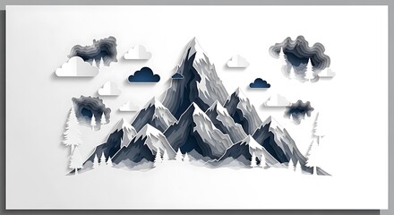 Obraz premium Stylized Mountain Range with Clouds and Trees.