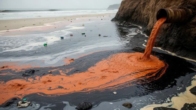 Pollution Pipe Discharges Orange Sludge into Ocean Water