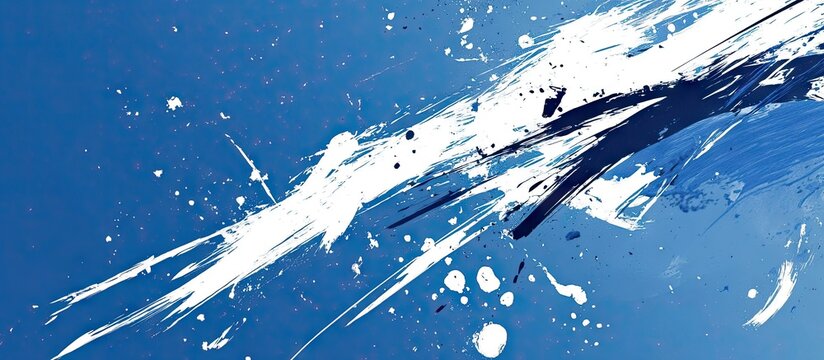 Dynamic white paint splash exploding across deep blue surface with thick irregular streaks and scattered droplets in high-energy abstract style