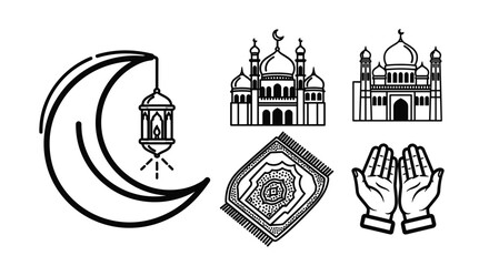 Fototapeta premium Diverse Collection of Simple Black Outline Islamic Icons Featuring Mosques, Crescent Moon with Lantern, Prayer Mat, and Open Praying Hands on White.