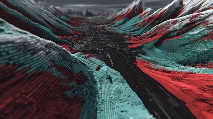Abstract 3 d landscape with vibrant red and teal elements and central pathway