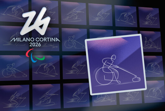 MILAN, ITALY, FEBRUARY 4 2026. A digital display with the Futura Paralympic emblem next to a highlighted box of the wheelchair curling pictogram over a grid background of all winter para sports