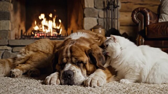 Cozy Dog and Cat Resting by Fireplace Warm Winter Comfort