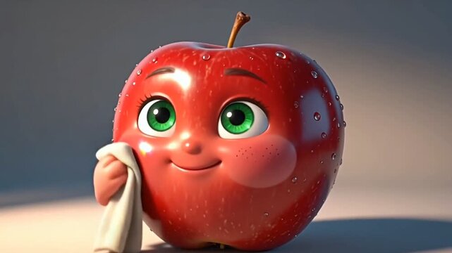 Cute 3D Animated Red Apple Character Polishing Its Skin with a Cloth