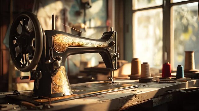 Antique Sewing Machine Workshop Sunlit Vintage Craftsmanship