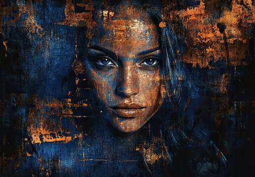 A digital artwork featuring a realistic woman&rsquo;s face emerging from a textured abstract background
