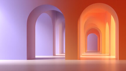 Abstract arched passageway with gradient color and architectural design