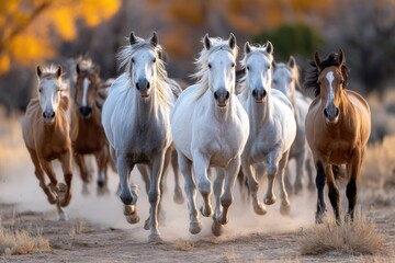 Obraz premium Wild Horses Running Through Dusty Field At Sunset