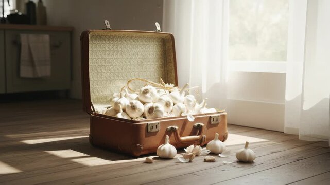Vintage suitcase overflows with fresh garlic in sunlit room