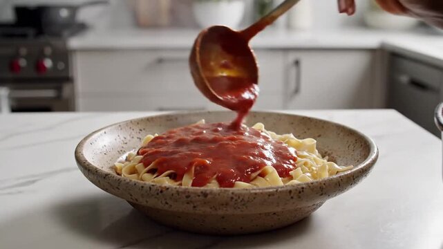 Pouring Tomato Sauce onto Fresh Pasta Noodles in a Modern Kitchen Setting