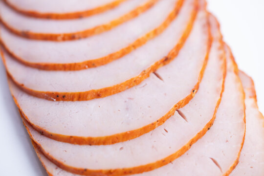 shot of ham slices with crisp edges and even layering, trendy foodstyling vibe for viral posts, optimized for feed thumbnails and promotional content