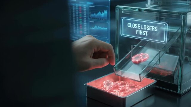 Ai investment loss strategy concept with finger press close losers first button futuristic trading interface digital coin risk management panel red