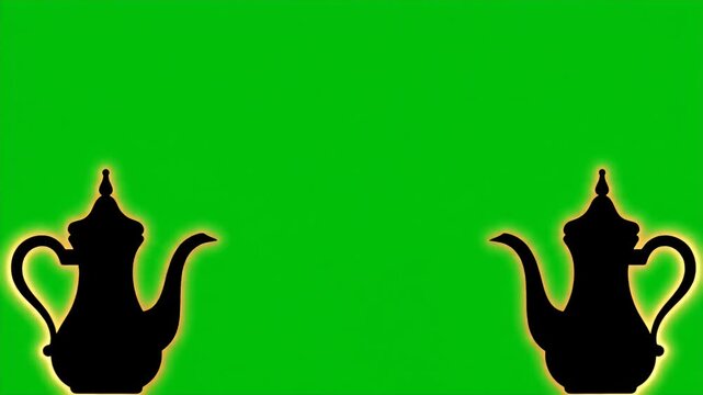 Two ornate, silhouetted traditional Arabic coffee pots with glowing outlines are symmetrically placed on a vibrant green screen background, ready for compositing and creative use in various visual.